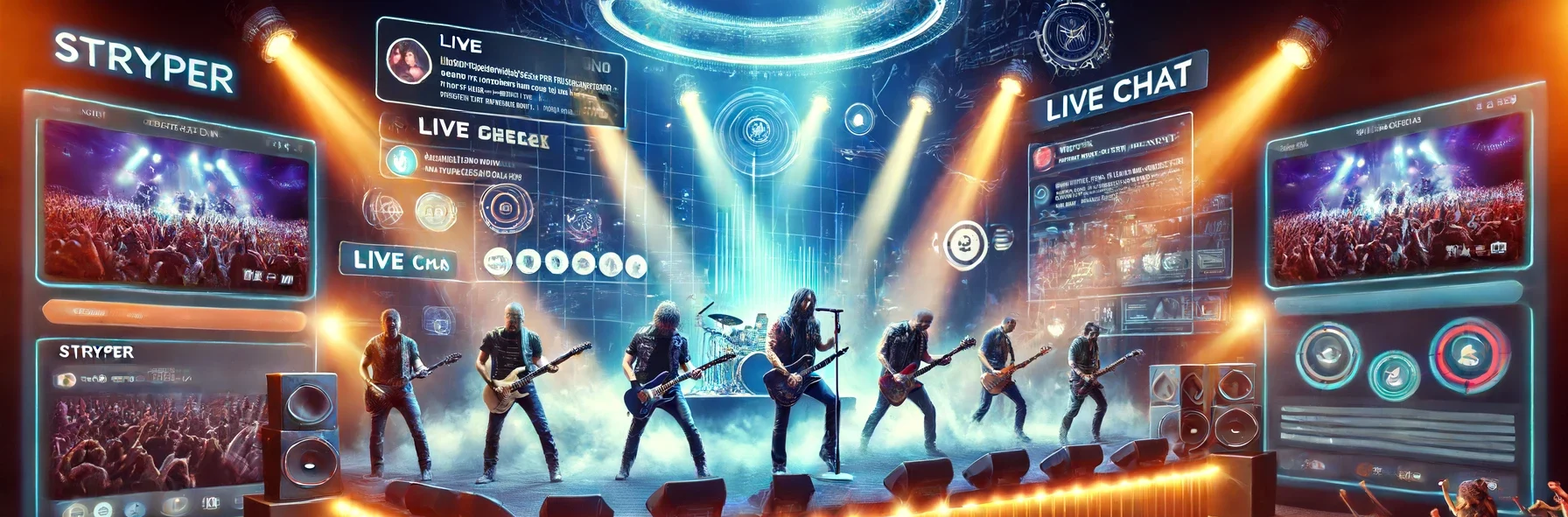 A dynamic scene depicting a live-streamed concert by the band Stryper. Show the band performing on a virtual stage with vibrant lighting