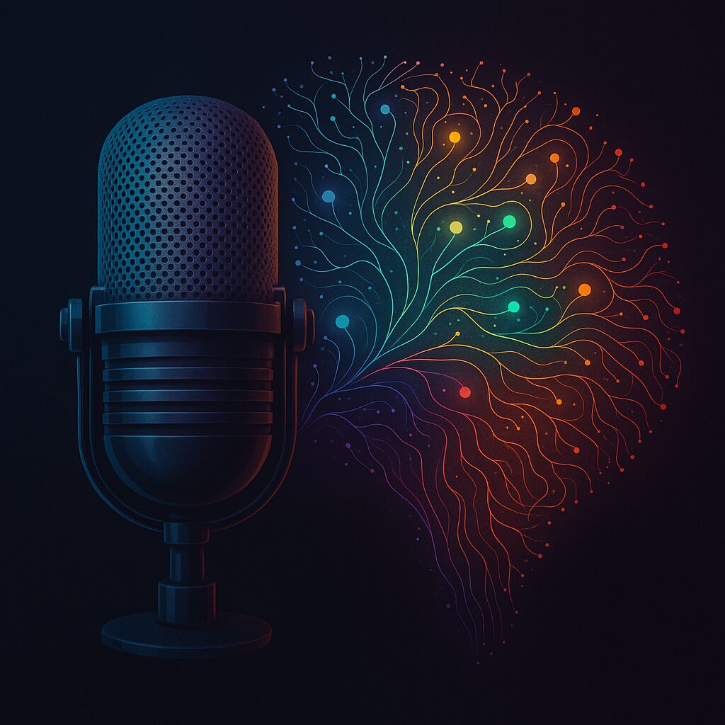 Digital illustration of a vintage-style studio microphone transforming into a vibrant network of colorful neural pathways shaped like a human brain, symbolizing ADHD and creative focus.