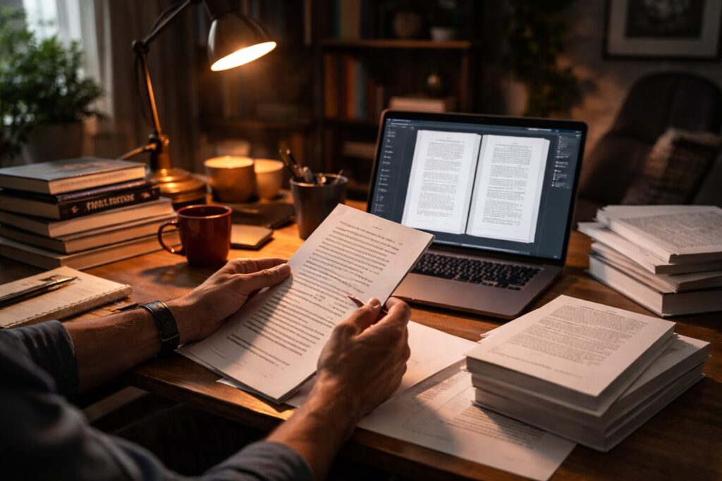 cozy home office with manuscript editing
