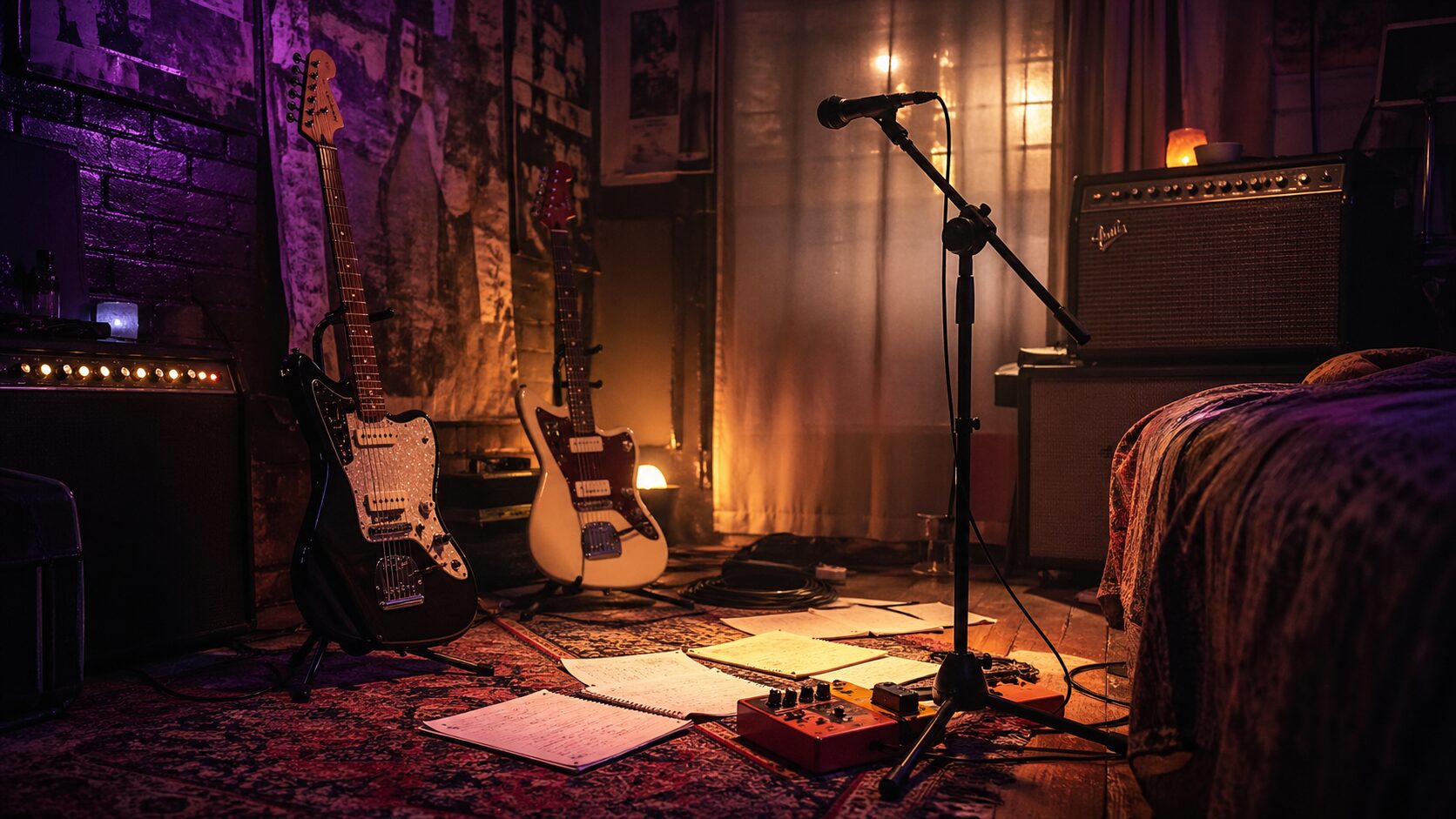 Moody 1990s alternative rock rehearsal room with electric guitars, microphone, lyric pages, and amplifier glow for an article about Louise Post and Veruca Salt.