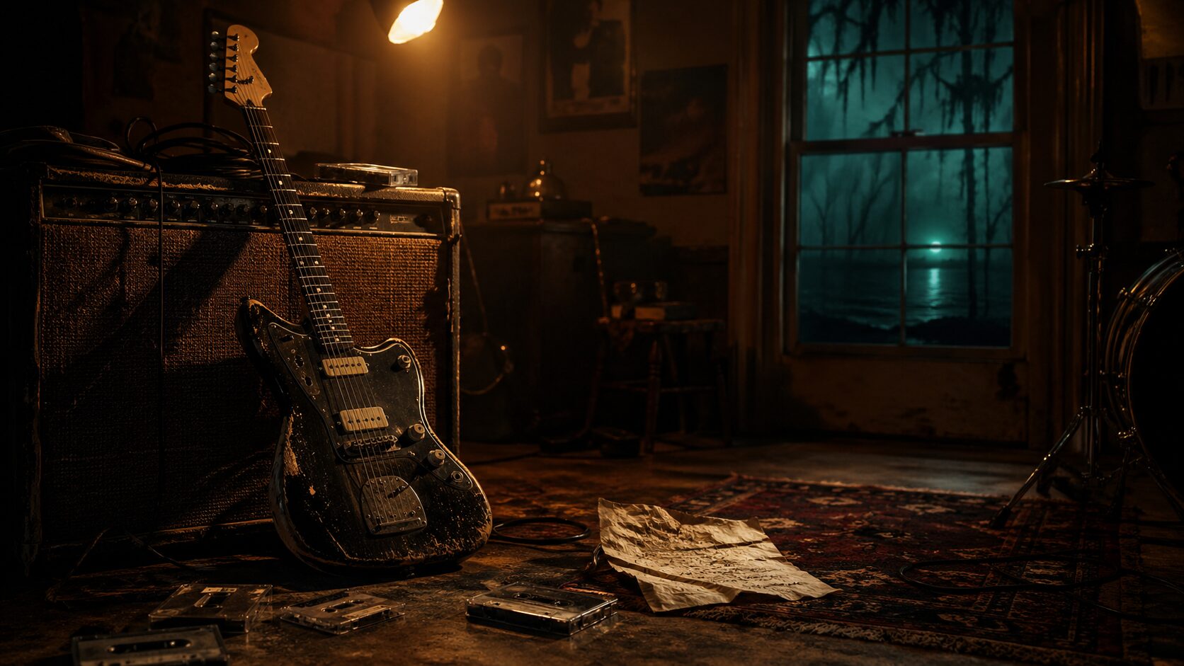 Moody 1990s rock rehearsal room with a battered electric guitar, amplifier, cassette tapes, and eerie swamp-like window glow for an article about underrated 90s rock musicians.
