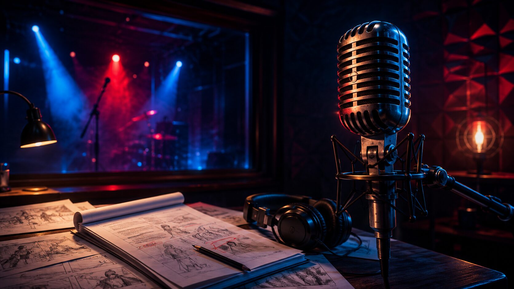 Studio microphone and animation script representing rock musicians who became voice actors